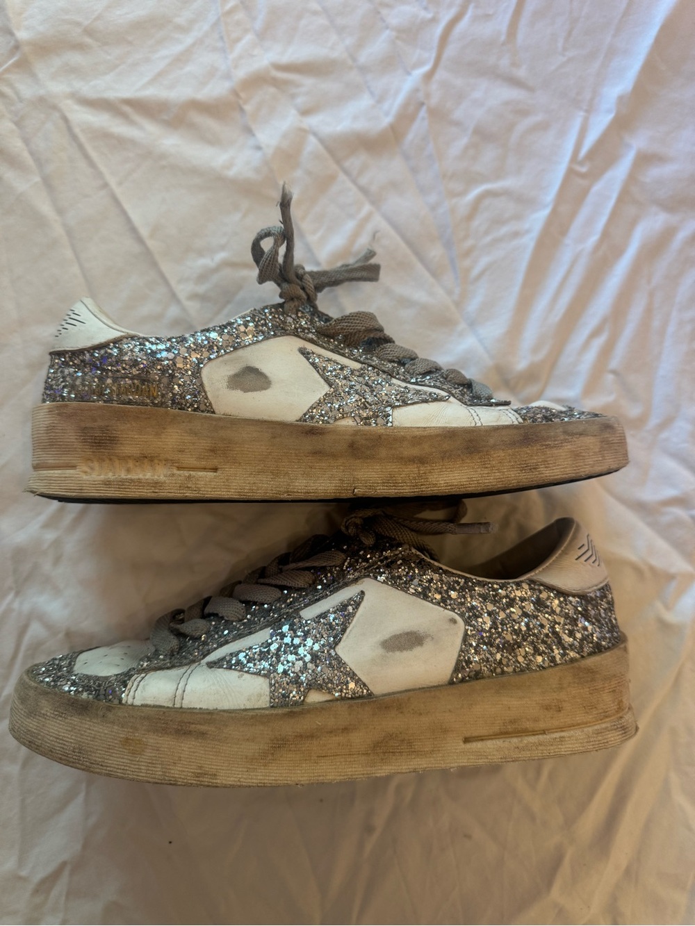 Golden Goose Silver Glitter Low-Top Sneakers with White Star